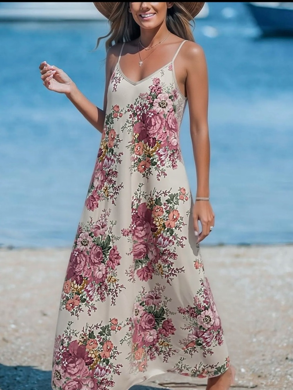 MADE IN ITALY Floral Spaghetti-Strap Maxi Dress in Cream and Rose
